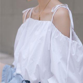 Puff-sleeve Cold-shoulder Plain Blouse