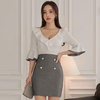 V-neck Ruffle Trim Elbow-sleeve Sheath Dress