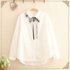 Tie-neck Cat Embroidered Long-sleeve Shirt White - One Size