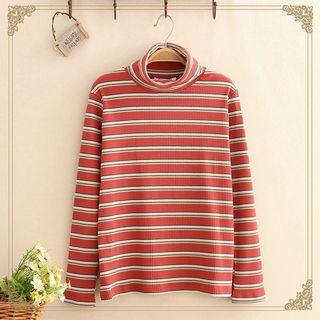 Mock-neck Color-block Striped Long-sleeve Top