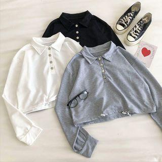 Plain Drawcord Long-sleeve Polo Top