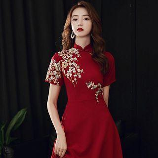 Short-sleeve Floral Maxi A-line Cocktail Dress