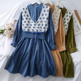 Set: Dotted Knit Vest With Belt + A-line Shirtdress