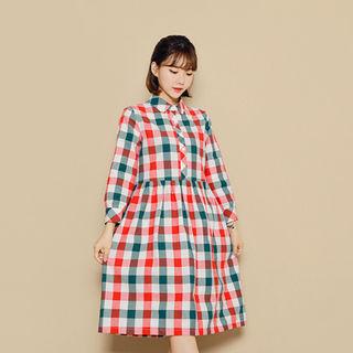 Half-placket Checked Dress