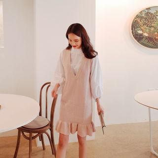 Set: Balloon-sleeve Top + Sleeveless Ruffle-hem Waffle Knit Dress