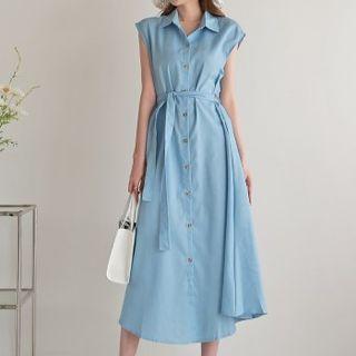 Sleeveless Flared Maxi Denim Shirtdress With Sash