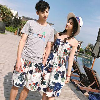 Couple Matching Printed Strapless Dress / Crew-neck Short-sleeve T-shirt / Printed Shorts
