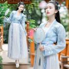 Long-sleeve Traditional Chinese Top / Chiffon Maxi Skirt / Sash