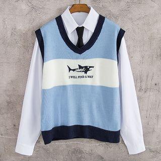 V-neck Shark Print Knit Vest