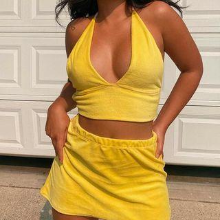 Set: V-neck Halter Cropped Camisole Top + Mini A-line Skirt