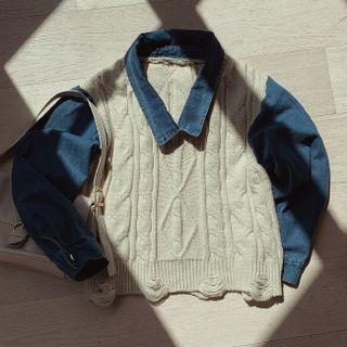 Denim Panel Cable-knit Top