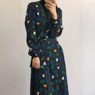 Long-sleeve Dotted Tie-waist Midi A-line Dress Black - One Size