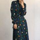 Long-sleeve Dotted Tie-waist Midi A-line Dress Black - One Size