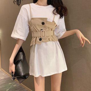 Set: Elbow-sleeve T-shirt Dress + Spaghetti Strap Asymmetric Cropped Top