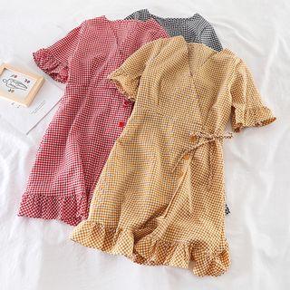 Plaid V-neck Ruffle-trim Dress