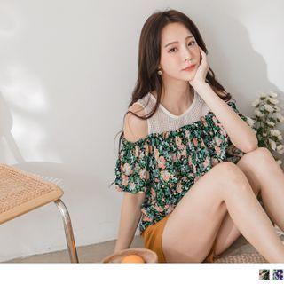 Cold Shoulder Mesh Panel Floral Print Ruffled Top