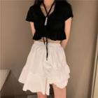 Short-sleeve Drawstring Ruffled Cropped Top / High-waist Asymmetric Ruffle Trim Plain Skirt
