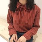 Stand-collar Long-sleeved Straight Gingham Blouse