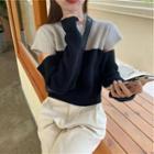 Long-sleeve Color Block Cutout Plain Knit Top As Shown In Figure - One Size