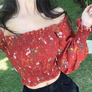 Floral Print Off-shoulder Cropped Blouse Red - One Size