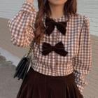 Long-sleeve Bow-front Checked Blouse / Midi A-line Skirt