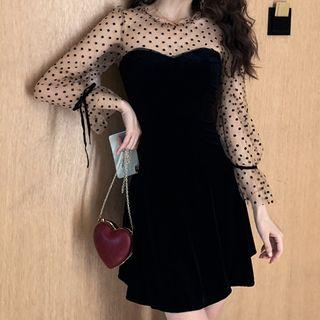 Bell-sleeve Mini Velvet A-line Dress