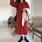 Long-sleeve Print Midi Collared Pleated Dress Red - One Size