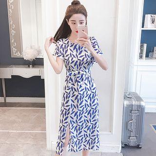 Leaf Print Short-sleeve Midi Dress