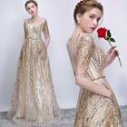 Elbow-sleeve Crystal Evening Gown