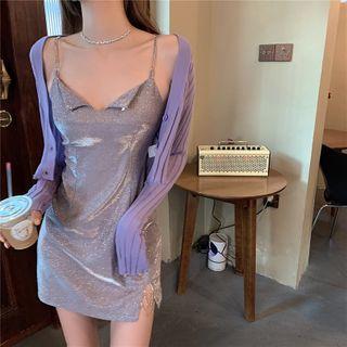 Spaghetti Strap Glitter Mini A-line Dress / Cardigan