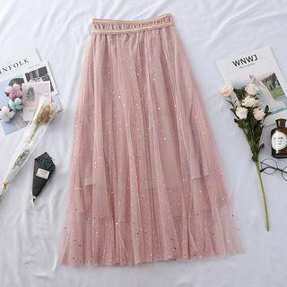 Set: Sequined Star Midi A-line Skirt + Mesh Skirt