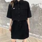 Front Pocket Cropped Shirt / Buckled Waist Side-pocket Mini Skirt