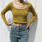 Long-sleeve Cropped Pointelle Knit Top