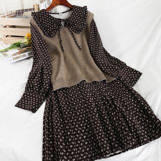 Set: Long-sleeve Printed Midi A-line Dress + Knit Vest