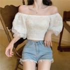 Floral Embroidered Off-shoulder Puff-sleeve Cropped Top
