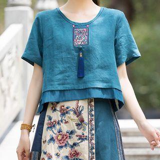 Puff-sleeve Floral Embroidered Tasseled Blouse