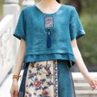 Puff-sleeve Floral Embroidered Tasseled Blouse