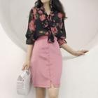 Elbow-sleeve Floral Print Blouse / A-line Skirt