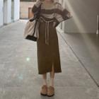 Long-sleeve Drawstring Striped Knit Sweater / Slit Midi Skirt