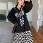 Mock Two-piece Check Panel Midi A-line Sweatshirt Dress