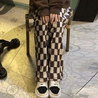 High-waist Plaid Corduroy Shift Wide-leg Pants