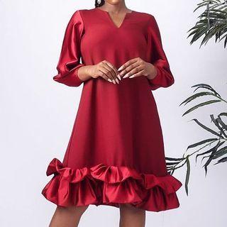 V-neck Long-sleeve Plain Dress