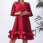 V-neck Long-sleeve Plain Dress