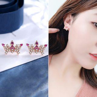 Rhinestone Crown Stud Earring 1 Pair - As Shown In Figure - One Size