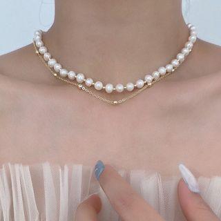 Freshwater Pearl Layered Alloy Choker Gold - One Size