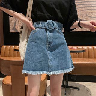 Fray Hem Denim Mini A-line Skirt