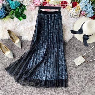 Lace Overlay Midi Accordion Pleat Skirt Black & Blue - One Size