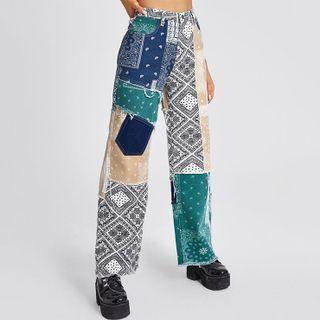 Color Block Print Panel Straight Leg Jeans