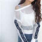 Set: Lettering Applique Mesh Pullover + Cropped Camisole Top