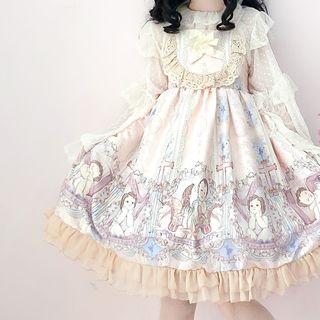 Spaghetti Strap Printed A-line Dress / Sheer Blouse